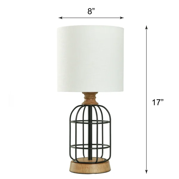 Black Metal Cage Table Lamp with Wood Accents and Drum Shade - Image 4