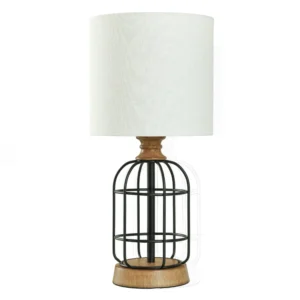 Black Metal Cage Table Lamp with Wood Accents and Drum Shade