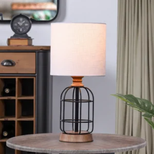 Black Metal Cage Table Lamp with Wood Accents and Drum Shade